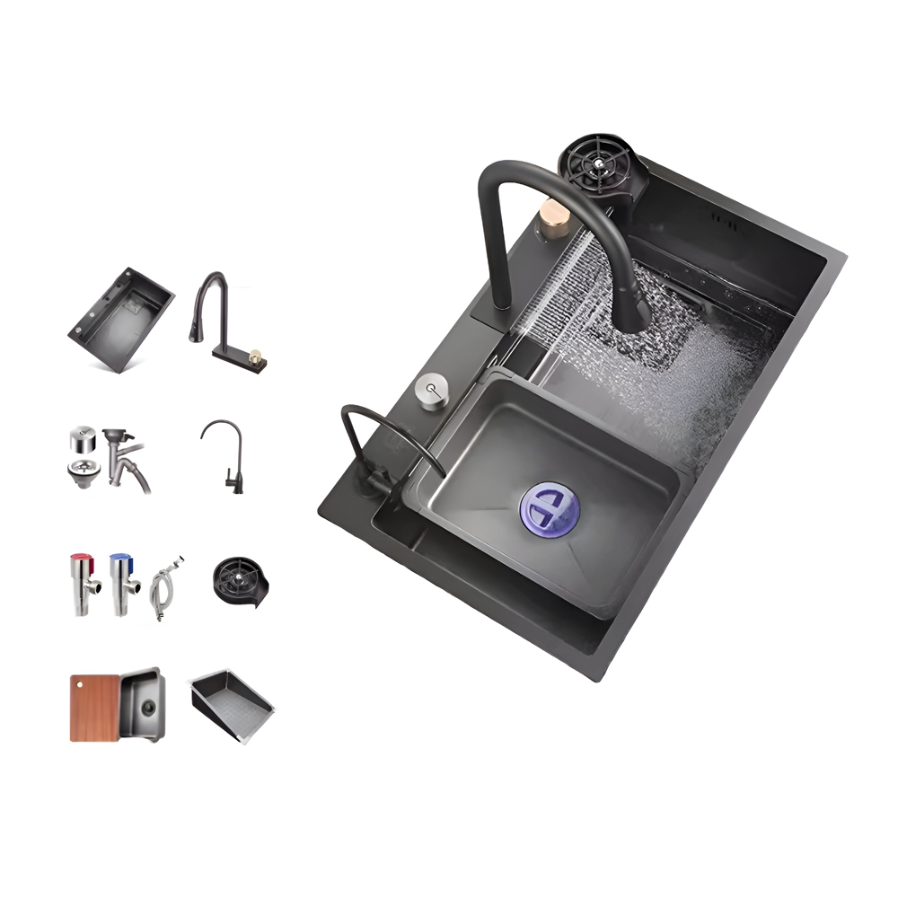 Kitchen Sink Stainless Steel Grade 304 Multifunctional Built-in Waterfall Sink 680*450mm, Black - Image 2