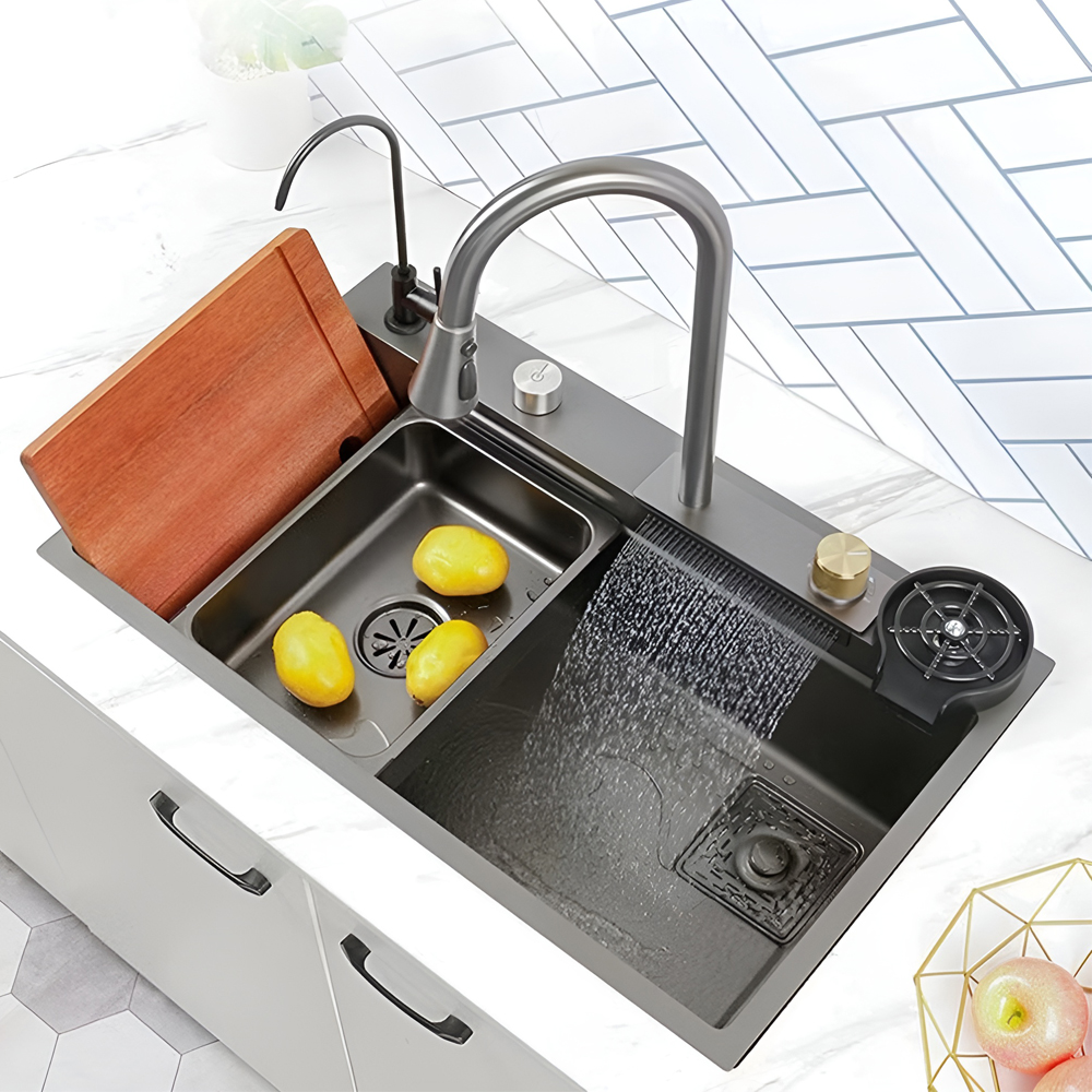 Kitchen Sink Stainless Steel Grade 304 Multifunctional Built-in Waterfall Sink 680*450mm, Black - Image 3